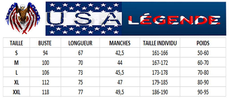 guide tailles vetement avec le drapeau americain