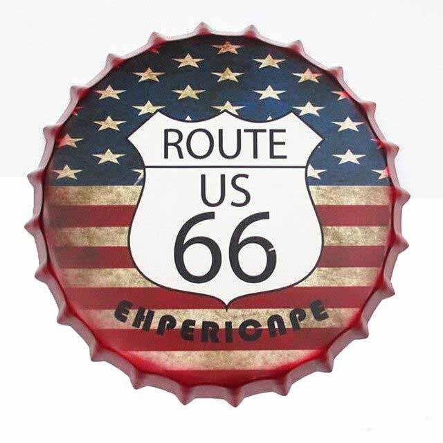 plaque deco forme bouchon bierre drapeau us route 66