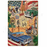 plaque metal route 66 cartoon moto voiture motel
