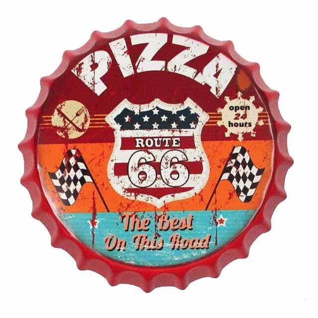 plaque metal route 66 pizzeria forme bouchon bierre