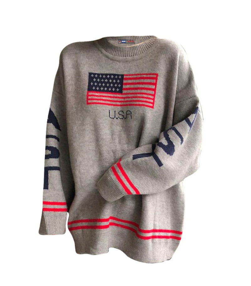 pull gris avec drapeau americain femme
